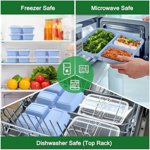 Dealusy 50 Pack 32 oz Meal Prep Containers with Lids 3-Compartment, Blue - Image 5