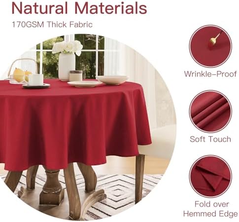 Veblandy Faux Linen Round Tablecloth 60 inch, Table Cloth Wrinkle Free Decorative Fabric Waterproof Table Cover for Dining/Party/Buffet/Wedding, Red - Image 3