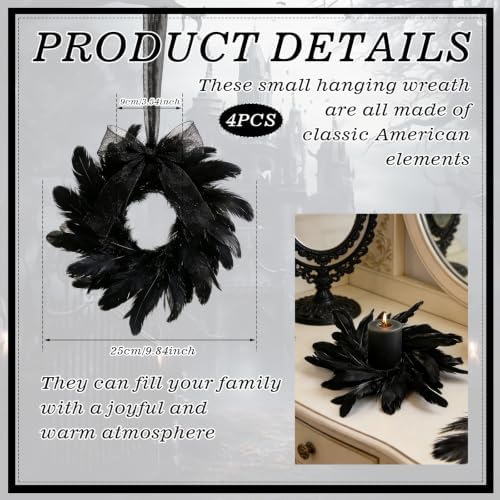 4 Pcs Black Crow Feather Halloween Mini Candle Ring Wreaths Gothic Black Feather Artificial Pillar Candle Holder Wreath for Spooky Dark Home Cabinet Table Porch Decoration - Image 2