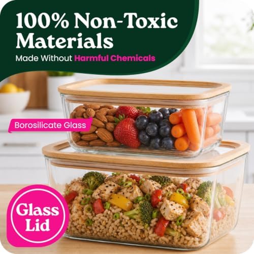 Large Glass Food Storage Containers Set with Glass Lids & Bamboo Rim – Set Of 2, Plastic Free Glass Meal Prep Containers for Lunch, Eco Friendly Food Storage, Microwave & Oven Safe - Image 4