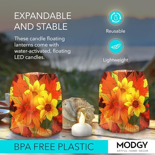 MODGY Luminary Lanterns Candle Holder Decorative Indoor Outdoor Decor, Lanterns for Wedding Centerpiece Decoration Outside Patio, with Flameless Floating LED Candles, ThankFall Pack of 2 - Image 3