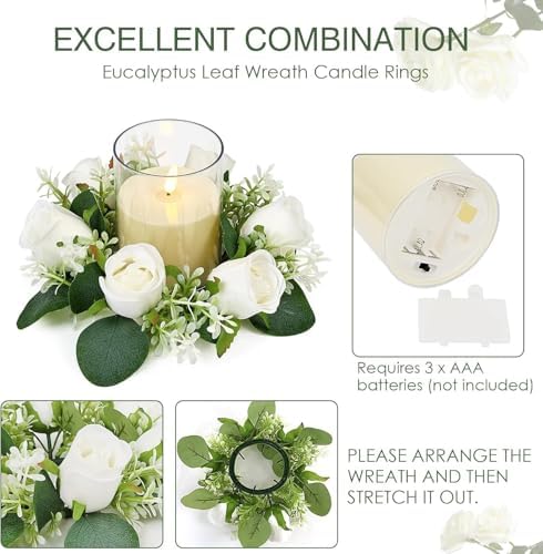 White Rose Candle Rings with Flameless Candles Sets - 24PCS Artificial Flower Eucalyptus Wedding Centerpiece 3 Inch Pillar Candleholders Wreaths for Wedding Party Decor (White - 12 Sets) - Image 3
