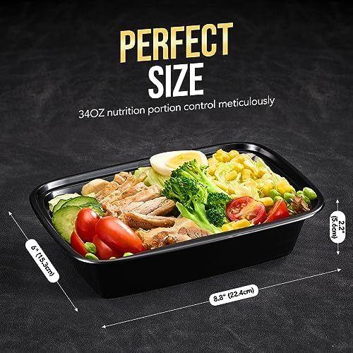100-Piece (50-Pack) 34 OZ Meal Prep Containers Reusable with Lids, Sturdy Leakproof & Food Safe, Microwave, Freezer, Dishwasher Safe To Go Food Containers, Plastic Take Out Containers, Black - Image 5