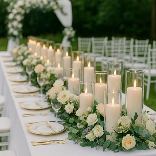 Set of 24 White Pillar Candles with Clear Glass Hurricane Holders- Elegant Cylinder Candle Vases for Weddings, Parties, Centerpieces, Home & Office Decor (White, 24 Set) - Image 3