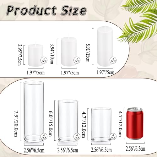 UDU 24 PCS White Pillar Candles with Glass Cylinder Vases Hurricane Glass Candle Holders for Pillar Candles Cylinder Vases for Centerpieces Wedding Table Party Home Decor - Image 3