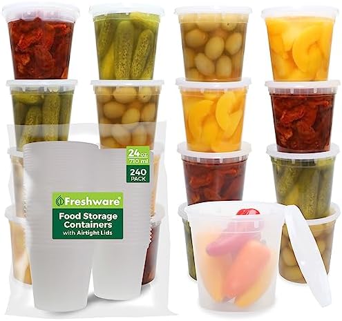 Freshware Food Storage Containers [240 Set] 24 oz Plastic Deli Containers with Lids, Slime, Soup, Meal Prep Containers | BPA Free | Stackable | Leakproof | Microwave/Dishwasher/Freezer Safe by Freshware
