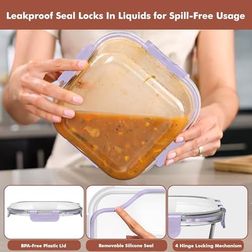 Razab 2 PC 1200ML / 41 Oz Glass Food Storage Containers with Lids - Airtight & Leakproof - Microwave/Oven/Freezer Safe - BPA Free - Ideal for Meal Prep, Storing Leftover & Lunch - Image 3