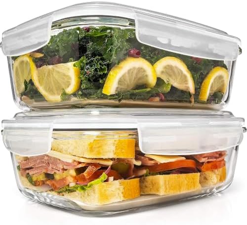 Razab 6.5 Cups / 52 Oz 4 Piece (2 Containers + 2 Lids) Glass Food Storage Containers Set with Airtight Locking Lids - For Storing, Baking & Serving BPA Free, Leakproof - Microwave, Freezer & Oven Safe by RazabHomeGoods