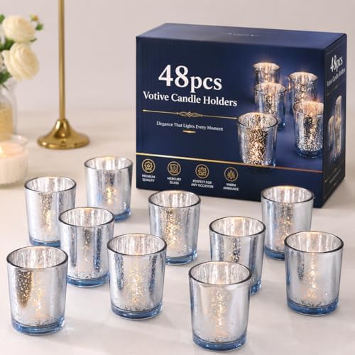 LETINE 48pcs Blue Votive Candle Holders – Glass Tea Light Candles Holder, Standard Votive Size for Regular Votive Candles – Bulk Candle Holder for Summer Weddings, Waterfront Venues, Home Decor by LETINE