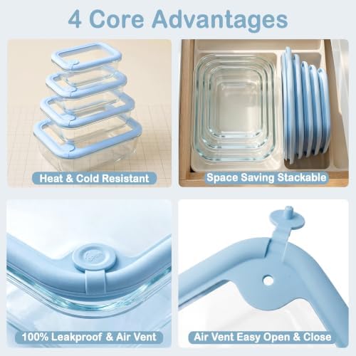 Glass Food Storage Container Set with Silicone Lids, Nestable Meal Prep Glass Bowls with Air Vent, Leakproof Airtight Kitchen Lunch Boxes, Oven, Microwave, Dishwasher Safe, 4 Pack, Square Shape - Image 3