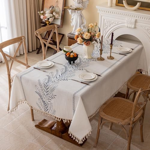 Joyfol Day Rustic Waterproof Linen Tablecloth, Heavy Weight Fern Embroidery Table Cloths for Rectangle Tables, Farmhouse Spill-Proof Table Covers with Tassels, Blue 55''x 120'' by JoyfolDay