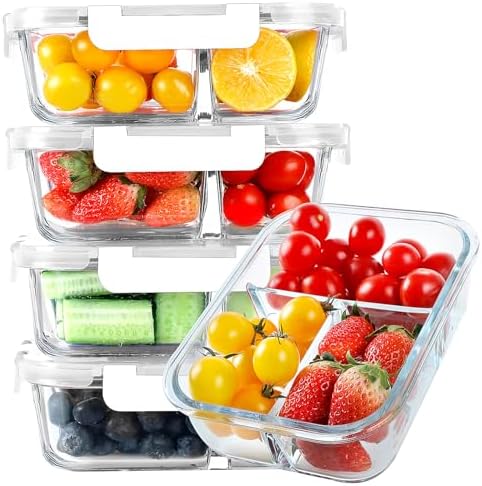KOMUEE Glass Meal Prep Containers 3 Compartments, 5 Pack 36 oz, White by KOMUEEUS