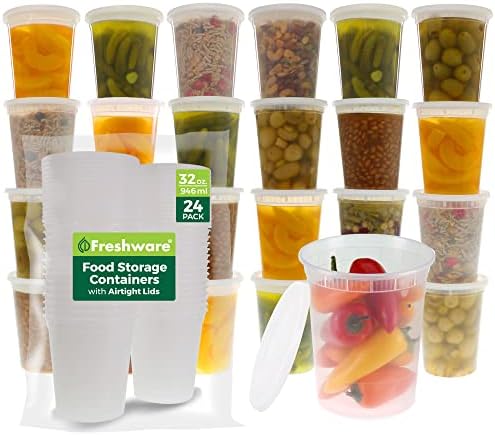 Freshware Food Storage Containers [24 Set] 32 oz Plastic Deli Containers with Lids, Slime, Soup, Meal Prep Containers | BPA Free | Stackable | Leakproof | Microwave/Dishwasher/Freezer Safe by Freshware