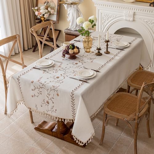 Joyfol Day Linen Waterproof Tablecloth with Tassels, Rustic Farmhouse Flowers Embroidery Table Cloths for Rectangle Tables, Heavy Weight Spill-Proof Table Covers, Coffee Florals, 55''x 86'' by JoyfolDay