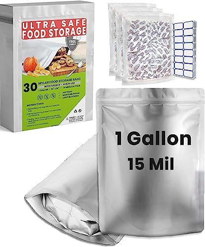 30 Mylar Bags for Food Storage 1 Gallon - Extra Thick 15 Mil - Long Term & Food Grade - Mylar Bags with Oxygen Absorbers 400cc- Zipper, Resealable, Stand-up Gousset - Bolsas Mylar con Abosrbentes by RELIABLEMYLARBAGSFORLONGTERMFOODSTORAGE