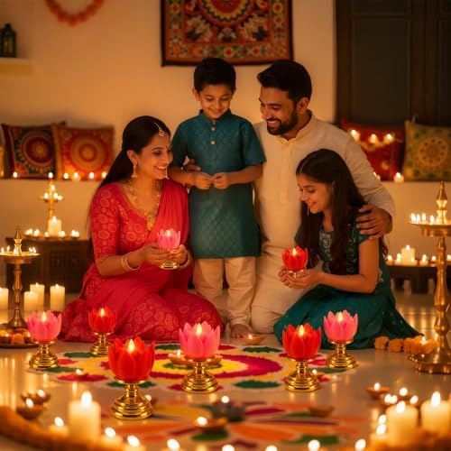 VIHOSE 4 Pcs Diwali Lotus Flower LED Lights, Lotus Candle Holders - Image 5