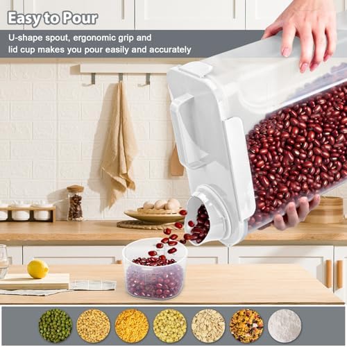 Komzon Rice Storage Containers 20lb, Airtight Cereal Containers Storage, with Pouring Spout Portable Handle for Flour, Pasta, Grain and Baking, Pet Dog Cat Bird Food Container White - Image 2