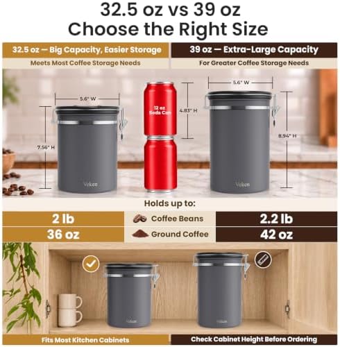 Veken Coffee Canister, 32.5OZ, 2lbs, Large Airtight Stainless Steel Jars - Image 2