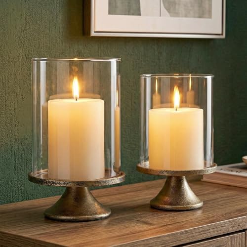 Set of 2 Hurricane Candle Holder Set with Glass Dome & Iron Base - Image 4