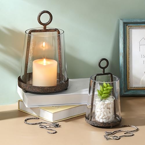 6" & 4" Wide Modern Farmhouse Metal Hurricane Candle Holder with Handmade Sturdy Glass Sleeve in Rustic Brown for Pillar Candle & Plants, Glass Hurricane Lantern, Industrial, Minimalistic - Image 4