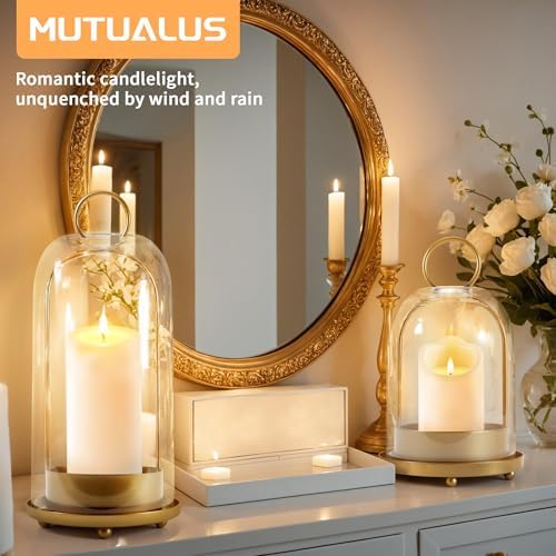 Hurricane Glass Candle Holders, Large & Medium Brass Lanterns Hurricane Candlestick Holder for Pillar Candles Vintage, Gold Metal Rustic Farmhouse Decor with Hook Chains - Image 5