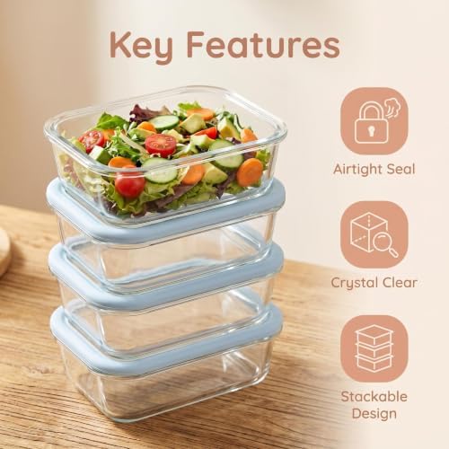 Glass Food Storage Containers with Silicone Glass Lids, 6 Pack Square Airtight Meal Prep food container, Leakproof Borosilicate Glass Bowls Set, Microwave, Oven, Freezer & Dishwasher Safe - Image 2
