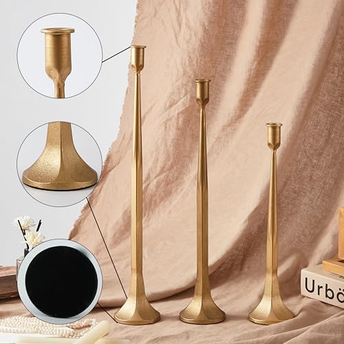 Denique Iron Taper Candle Holder Set of 3, Gold Candlestick Holders 19.3”17” 14” Heightening Decorative Candle Stand Set for Wedding, Dining Table, Home Decoration (Gold) - Image 4