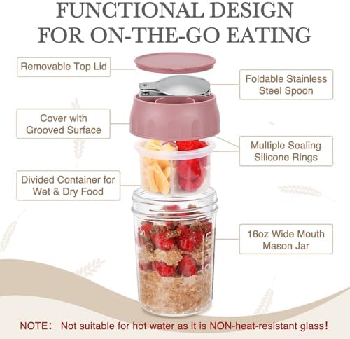 SOLIGT 2 Pack Overnight Oats Containers with Lids (Gray/Rose Pink) - Image 3