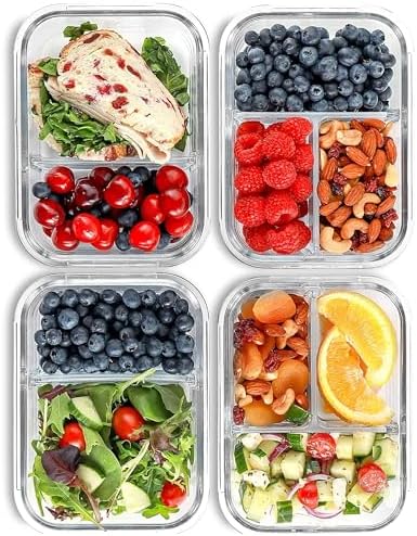 Glass Meal Prep Containers 2 and 3 Compartments, Leak-Proof, 32 oz, 4 Pack by FITSTRONGHEALTHY