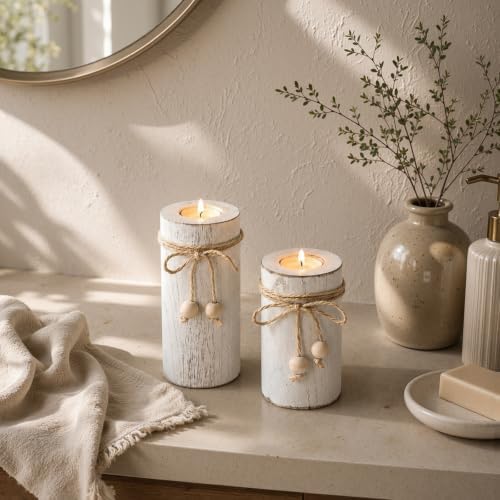 White Wooden Candle Holder with Flameless LED Candles Modern Boho Decor 3p - Image 6