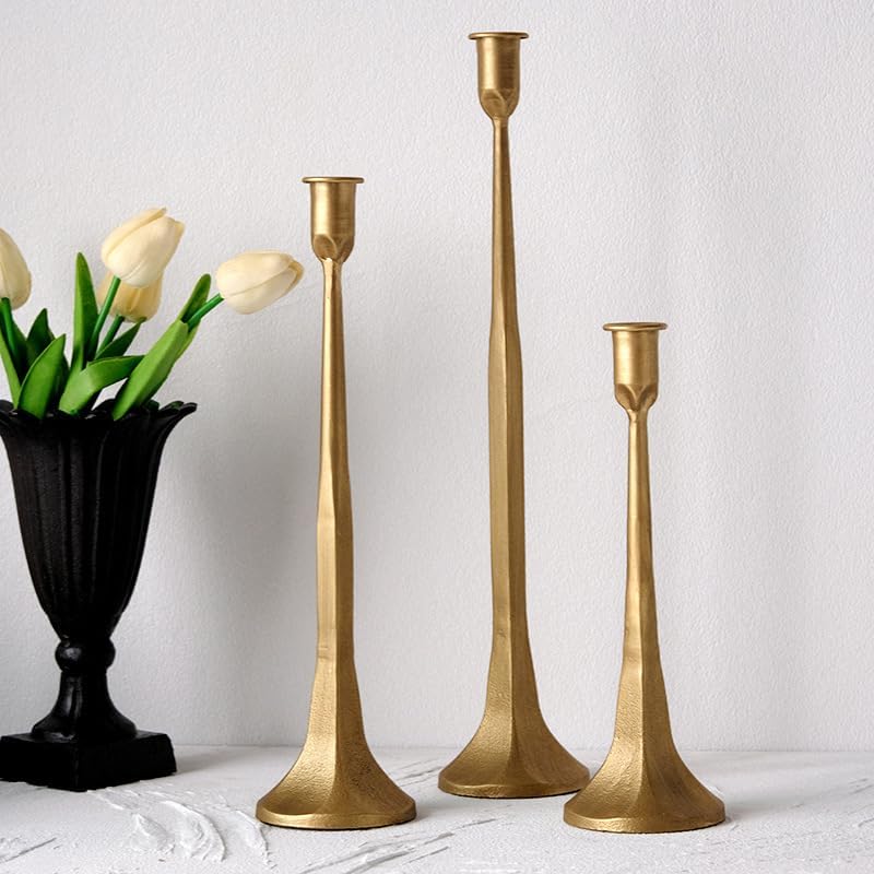 Denique Iron Taper Candle Holder Set of 3, Gold Candlestick Holders Decorative Candle Stand, Tapered Candle Holders Tall Set for Wedding, Dining Table, Home Decoration (Gold) by Denique