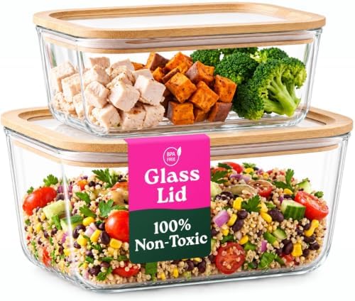 Large Glass Food Storage Containers Set with Glass Lids & Bamboo Rim – Set Of 2, Plastic Free Glass Meal Prep Containers for Lunch, Eco Friendly Food Storage, Microwave & Oven Safe by Unknown