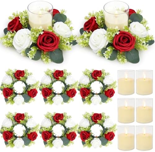 Crimson Rose Candle Rings with Flameless Candles Sets - 12PCS Artificial Flower Eucalyptus Wedding Centerpiece 3 Inch Pillar Candleholders Wreaths for Wedding Party Decor (Crimson - 6 Sets) by ACMEE