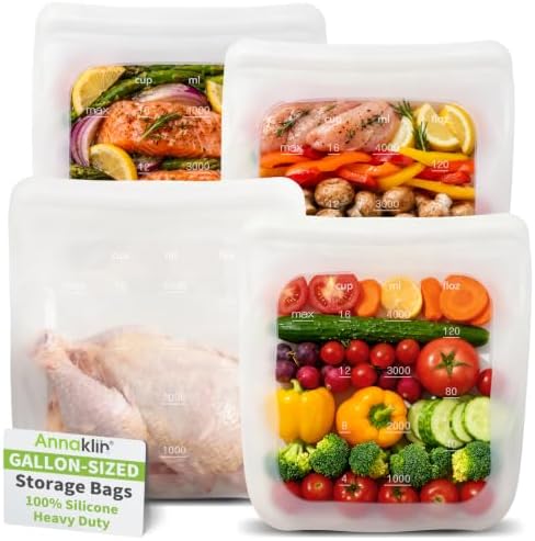 100% Silicone Gallon Storage Bags, Extra Large Reusable 1 Gallon Silicone Storage Bags Stand-Up Zip-Lock Leakproof for Bulk Food & Large Portions, Freezer Microwave Sous Vide Dishwasher Safe, 4 Pack by Annaklin