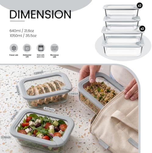 Taree Glass Food Storage Containers with Glass Silicone Lids,22/35oz,Grey - Image 2