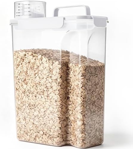 Komzon Rice Storage Containers 20lb, Airtight Cereal Containers Storage, with Pouring Spout Portable Handle for Flour, Pasta, Grain and Baking, Pet Dog Cat Bird Food Container White by Komzon