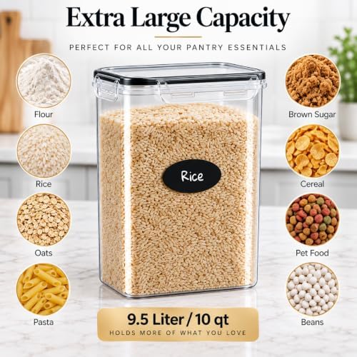 DWËLLZA KITCHEN Extra Large Flour and Sugar Storage Containers 9.5L Set of 2 Plastic Bulk Airtight Food Storage with Lids for Rice, Cereal, Pasta or Brown Sugar with Marker, Labels & Measuring Cups - Image 4