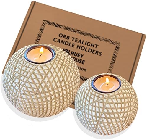 Luca Beige Orb Tea Light Candle Holders, Gift Boxed Set of 2 by HueyHouse