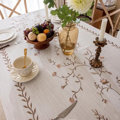 Joyfol Day Linen Waterproof Tablecloth with Tassels, Rustic Farmhouse Flowers Embroidery Table Cloths for Rectangle Tables, Heavy Weight Spill-Proof Table Covers, Coffee Florals, 55''x 86'' - Image 3
