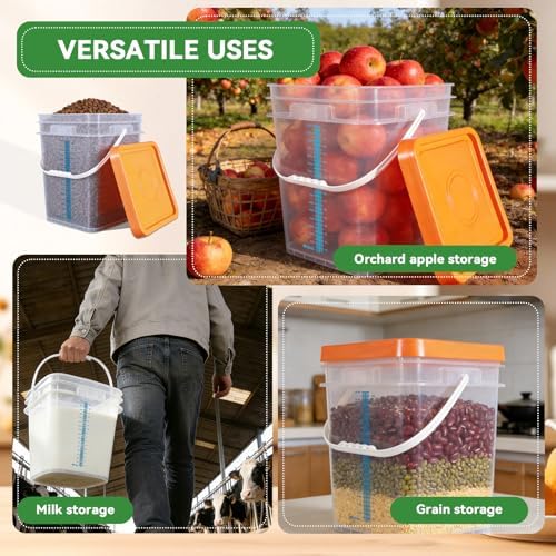 5 Pack 5 Gallon Square Plastic Bucket with Lids and Graduation Marks, Food Grade Clear Storage Containers for Kitchen & Industrial, BPA Free Heavy Duty Pail with Handle for Liquid, Paint, Grain - Image 2