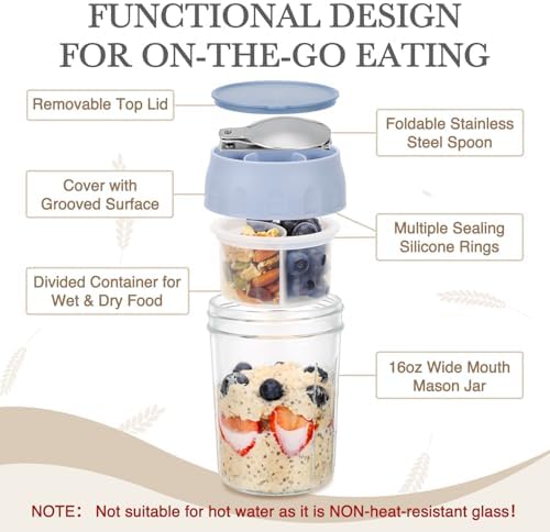 SOLIGT 4 Pack Overnight Oats Containers with Lids, Folding Spoons and Divided Compartments for Fruit & Nuts, Small Glass 16oz Mason Jars for Oatmeal (4 Set-Oat White/Green/Rose/Blue) - Image 5