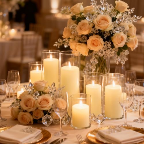 24-Pack Ivory Pillar Candles (2''X3,4,6) & 24-Pack Glass Cylinder Vases(2.6''X5,6,8),Hurricane Candles,Wedding Centerpiece Decor Set-Mixed Heights for Table, Proposal, Event. - Image 6