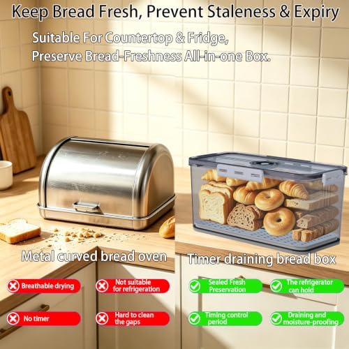 Clear Bread Box with Lid ,Time Recording Airtight Bread Container Grey - Image 2