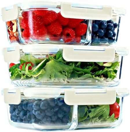 Glass Meal Prep Containers 1 & 2 & 3 Compartments, Airtight, 35 oz, 3 Pack by FITSTRONGHEALTHY