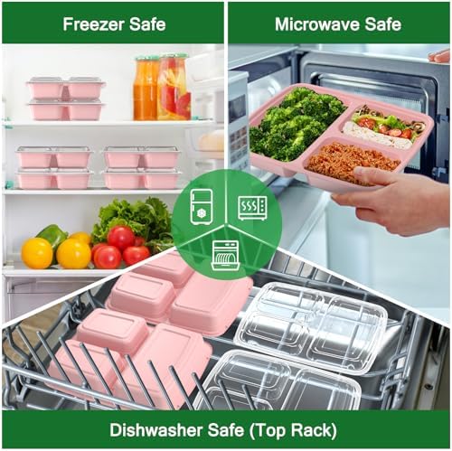 Dealusy 50 Pack 32 oz Meal Prep Containers with Lids 3-Compartment, Pink - Image 5