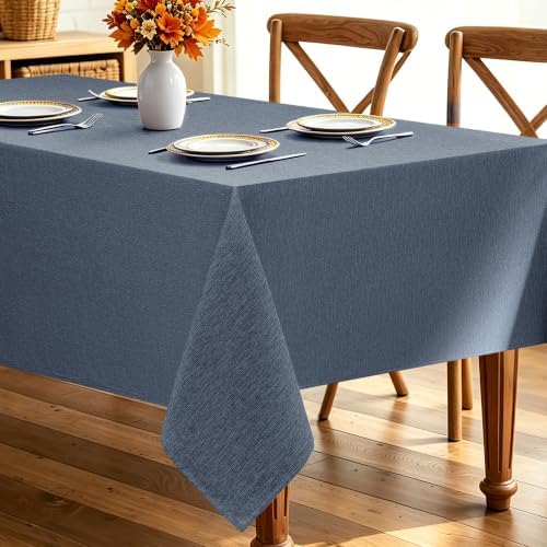 Decorelia Faux Linen Farmhouse Table Cloth 60"x144" for 10 ft Rectangle Table, Denim Blue Waterproof Outdoor Washable Tablecloth for Rectangular Dining Room Kitchen Outdoor Party Restaurant Table by Decorelia
