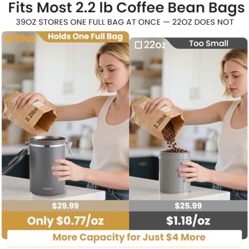 Veken Coffee Canister,39OZ, 2.2lbs,Large Airtight Stainless Steel Container - Image 2