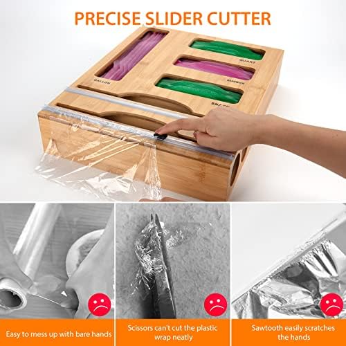 Storage Bag Organizer with Foil and Plastic Wrap Organizer , Aluminum Foil Dispenser with Cutter, Bamboo 6 in 1 Baggie Organizer Suitable for Gallon, Quart, Sandwich, Snack - Image 5
