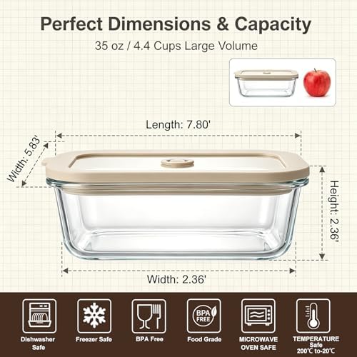 35 oz Glass Food Storage Containers with Glass Lids, 5 Pack, Airtight - Image 2