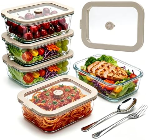 35 oz Glass Food Storage Containers with Glass Lids, 5 Pack, Airtight by Encheng